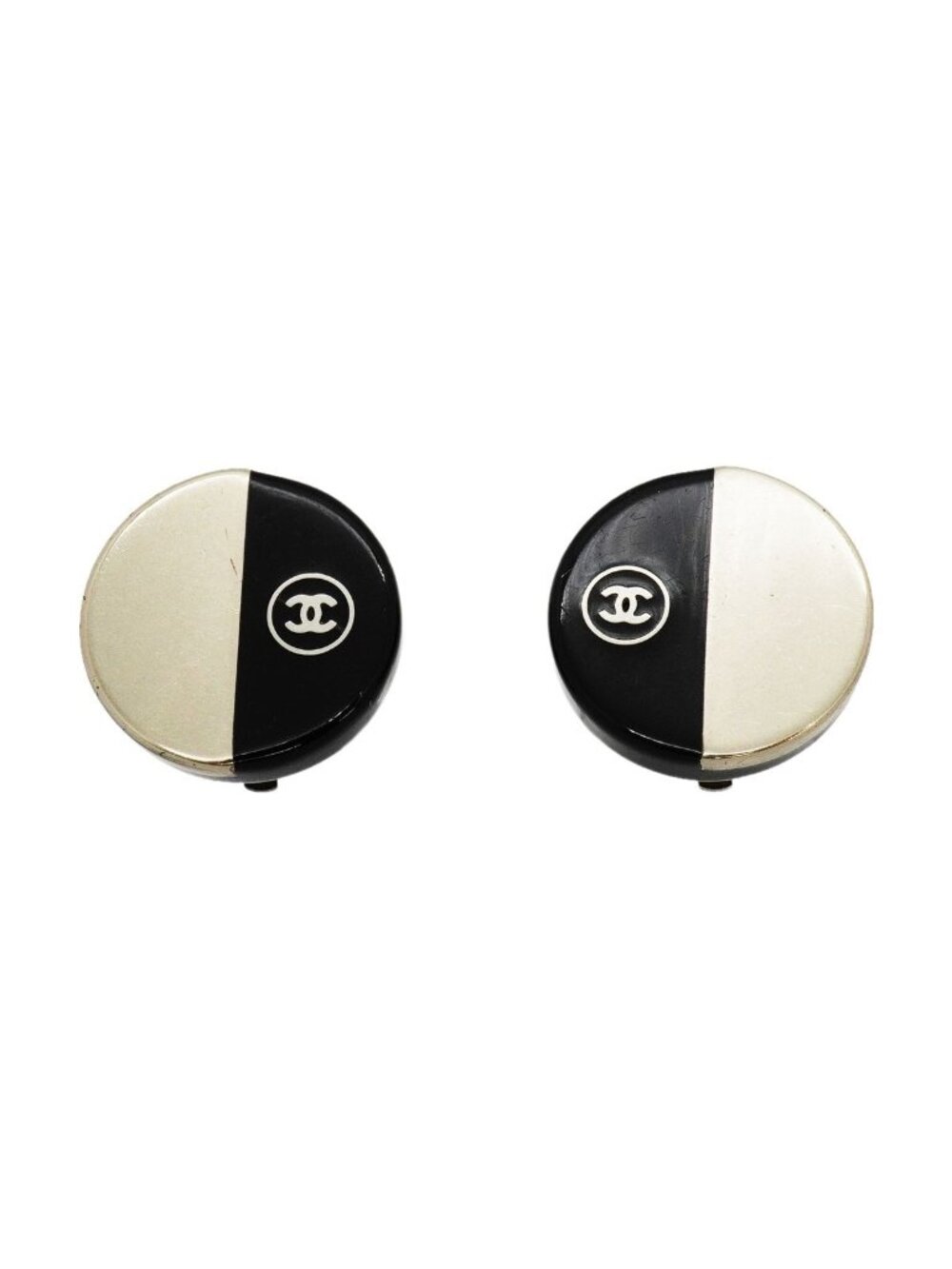 Chanel Earrings CC Logo Round Circle Plastic Metal Silver Black